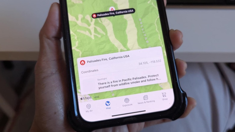 L'application iPhone IQAir montre un incendie à Pacific Palisades