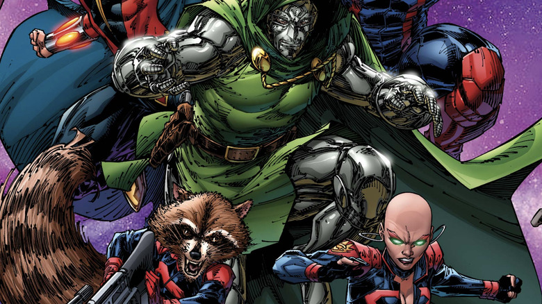 Docteur Doom posant avec les Gardiens de la Galaxie Rocket Raccoon et Moondragon