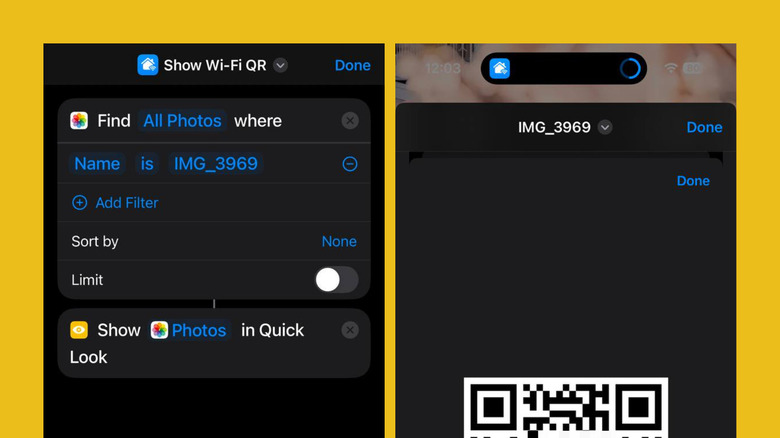 Raccourci iPhone affichant le code QR Wi-Fi et le raccourci en action