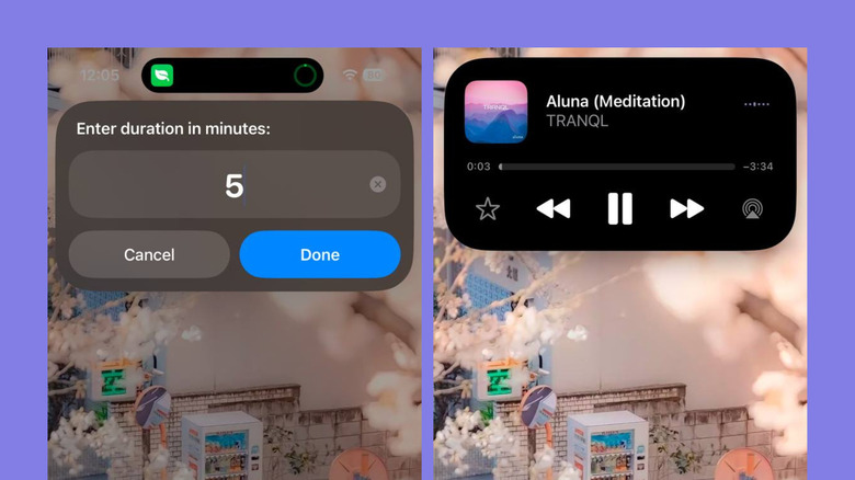 Raccourci de méditation sur iPhone affichant une invite de durée et une musique de méditation en cours de lecture