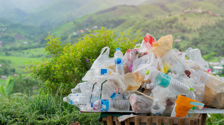 Des dizaines de bouteilles et de conteneurs en plastique vides débordent d'une poubelle en bois