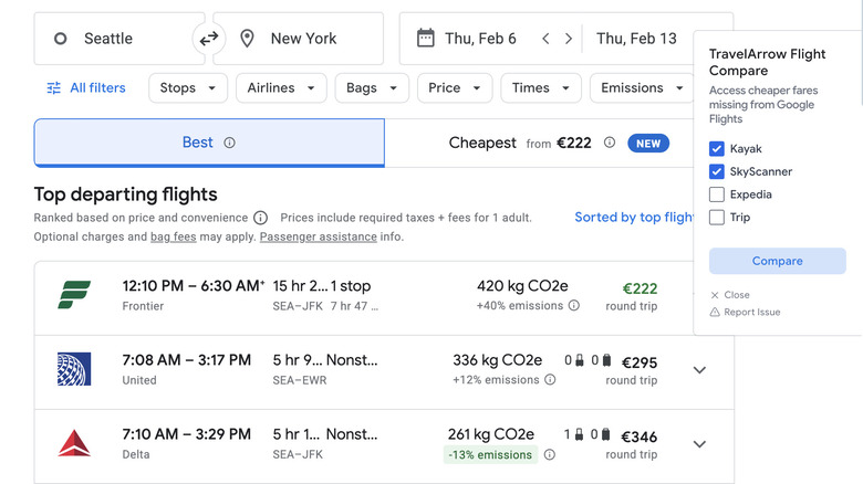 Page de recherche Google Flights avec vol de voyage Comparez