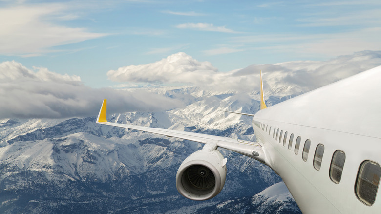 Un avion vole sur des montagnes enneigées.