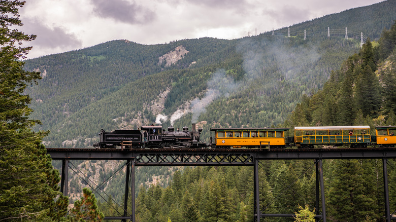 Un train à vapeur roule sur un pont à travers les montagnes Rocheuses