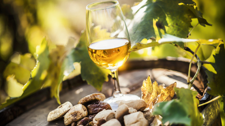 Un verre de vin passito entouré de feuilles de vigne et de charcuterie.