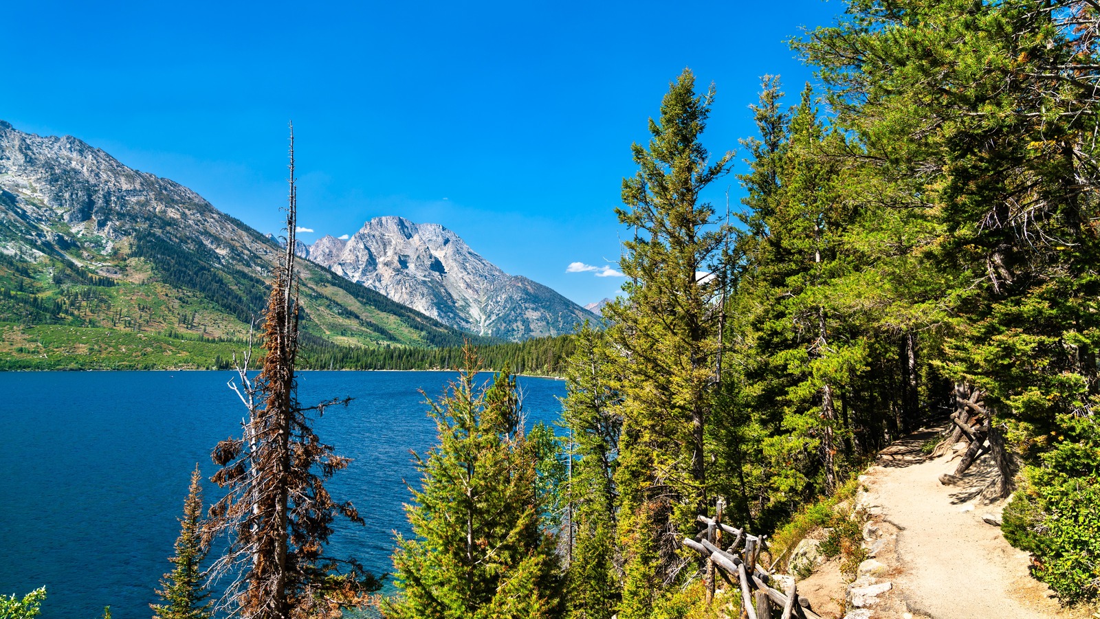 Un sentier de Premier Lake dans le parc national de Grand Teton possède des canyons, des montagnes et des cascades