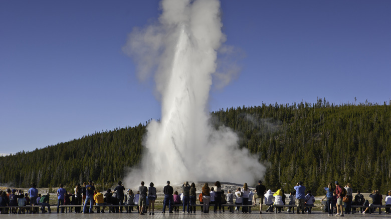 Les touristes de l'ancien fidèle du parc national de Yellowstone Geyser