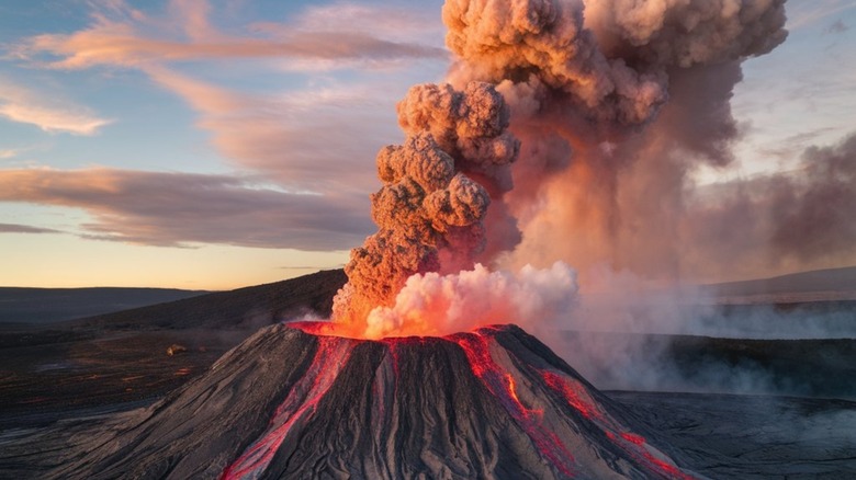 Une photo aérienne d'un volcan en éruption avec des panaches de fumée grise s'élevant dans le ciel et les rivières de lave rouge coulant sur la montagne