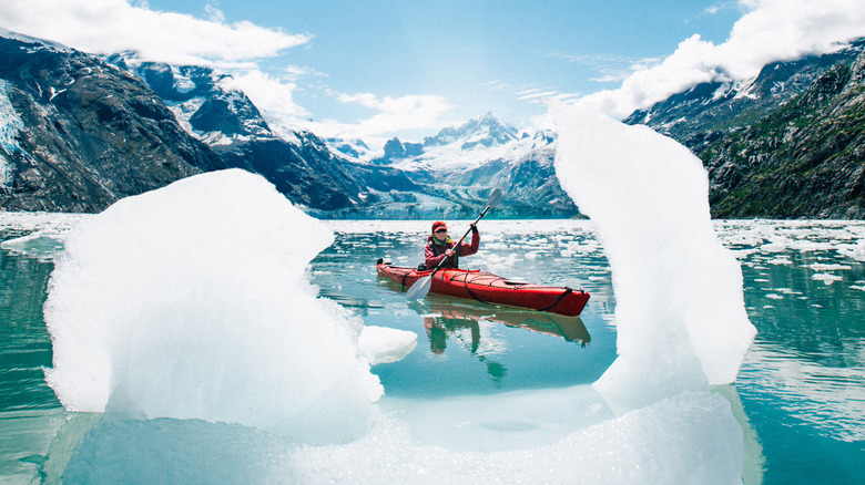 Personne dans un kayak rouge à Glacier Bay, en Alaska,