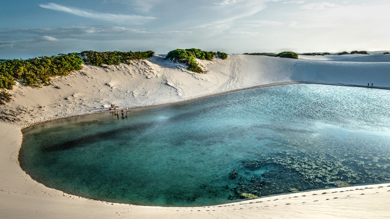 Visiteurs nageant dans un lagon au parc national de Lençóis Maranhenses