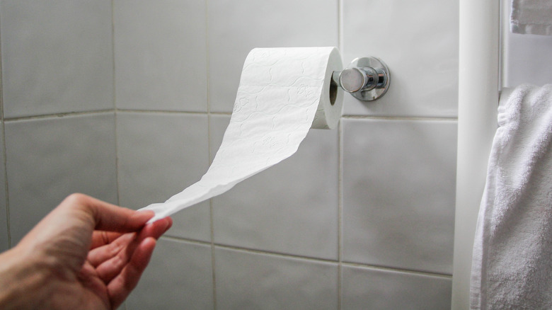 Main tendant la main vers du papier toilette dans les toilettes