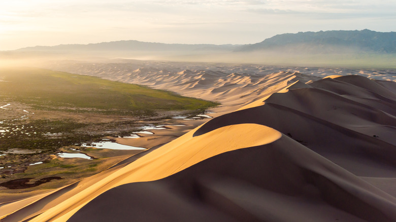 Une vue aérienne du désert de Gobi révèle des dunes de sable et une steppe herbeuse avec des lacs sous un lever de soleil