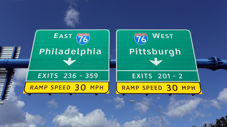 Les panneaux d'autoroute pointent vers Philadelphie et Pittsburgh