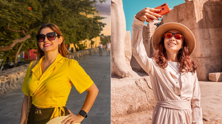 Touriste portant une chemise jaune vif vs touriste au Moyen-Orient portant une robe de chemise neutre, des lunettes de soleil et un chapeau