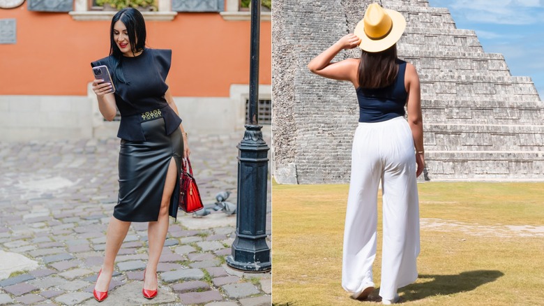 Femme en jupe en cuir inconfortable avec des talons divisés et rouges, à côté d'une femme en chaussures blanches confortables et pantalon respirant