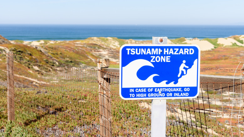 Un panneau à la plage avertissant des tsunsamis