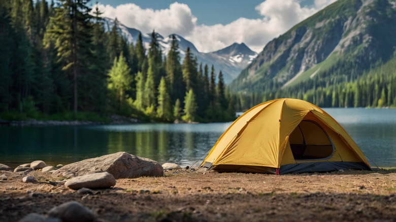 Une tente jaune sur le rivage d'un lac de montagne