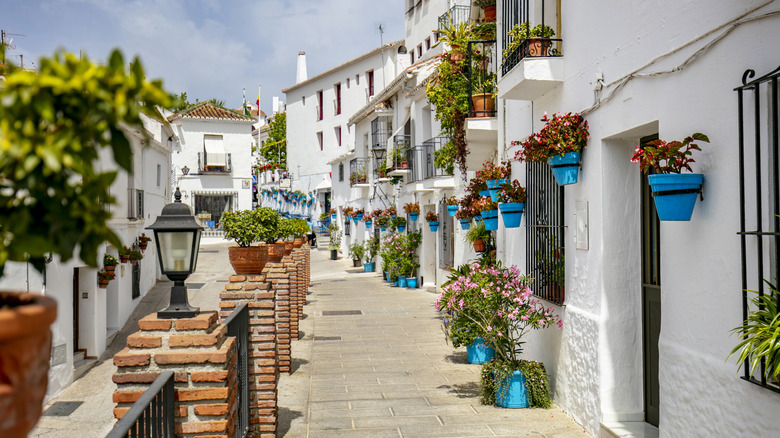 Bâtiments blancs avec des pots de fleurs bleus Ligne ruelle à Mijas Pueblo Espagne