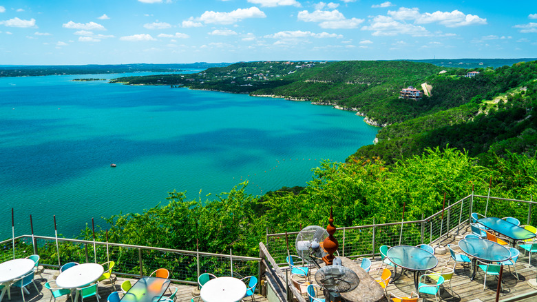 Restaurant Patio View of Lake Travis Blue Waters and Greenery