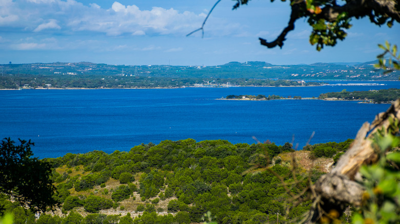 Vue sur le lac Travis au Texas sur la forêt verte avec la ville à distance