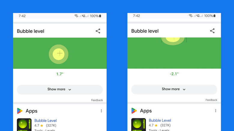 Niveau de bulles sur Google sur Android montrant des mesures de diplôme