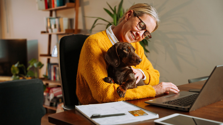 Femme sur ordinateur avec chien