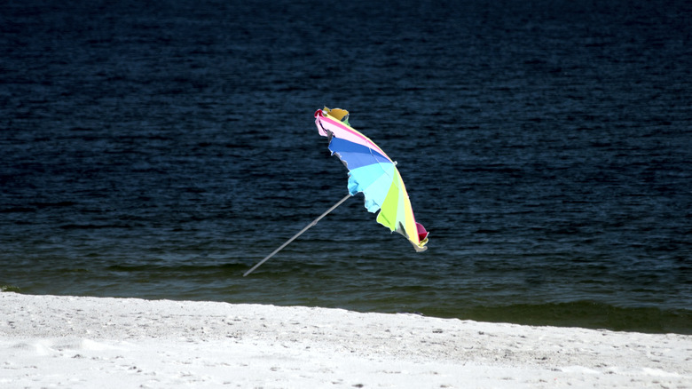 Un parapluie de plage qui décolle dans le vent
