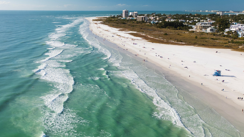 Vue aérienne de la plage de sable blanc, de l'océan, de l'herbe et des bâtiments