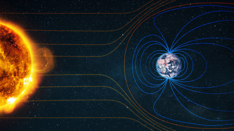 Illustration de l'écoulement du vent solaire autour du champ magnétique de la Terre