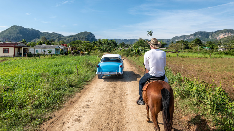 Un homme à cheval se prolonge derrière une voiture vintage à Viñales, Cuba