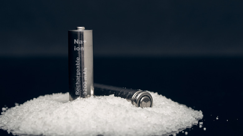 Deux batteries de sodium-ion rechargeables dans un tas de sel