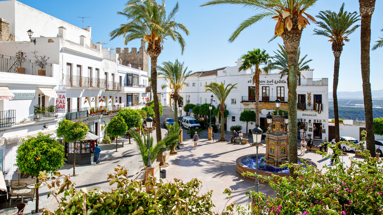 Paumes, bâtiments blancs et une fontaine sur le carré central de Vejer de la Frontera