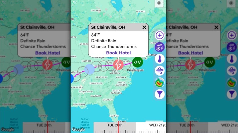 Écran de planification d'itinéraire sur l'application météo de la variation