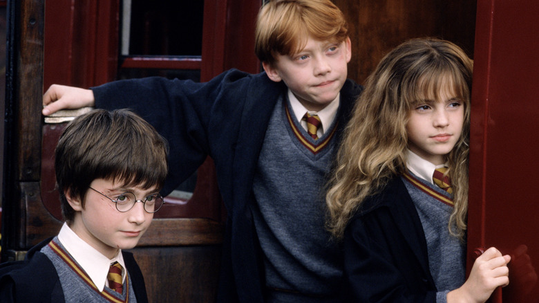 Harry, Ron et Hermione sur le Poudlard Express dans les films Harry Potter