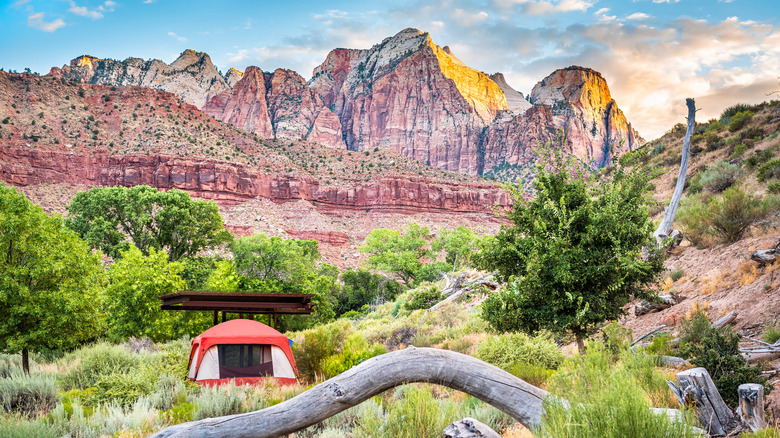 Campe Watchman avec Watchman Rock Formation derrière une tente