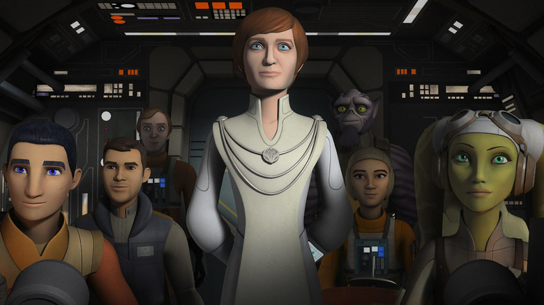 Mon Mothma dans le cockpit du fantôme avec toute l'équipage dans l'épisode de Star Wars Rebels Cargo secret