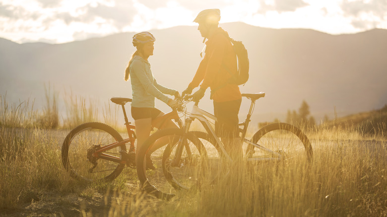 Deux cyclistes inactifs devant les montagnes par une journée ensoleillée