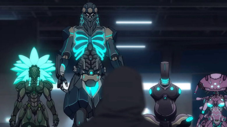 Un groupe de ninjas dans les combinaisons de mech se réunissait en ninja kamui