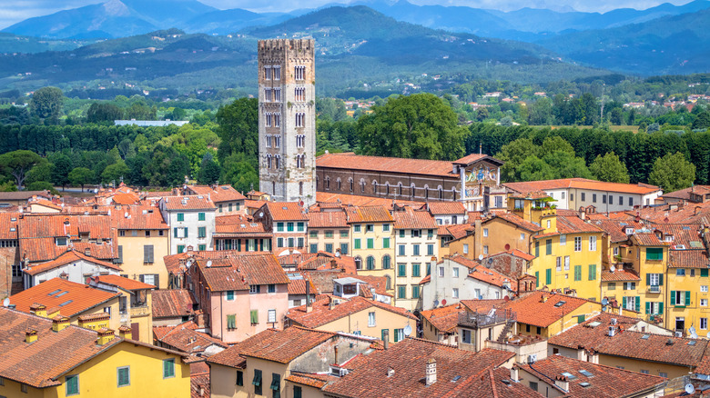 Bâtiments jaunes et oranges, tour de l'église, collines vertes