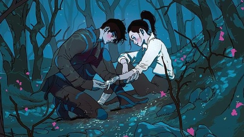 Un homme tient la main du robot d'une femme dans la forêt dans les chroniques lunaires