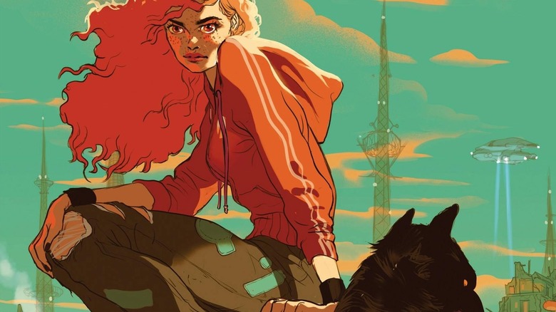 Scarlet se dresse à côté d'un grand loup dans les chroniques lunaires