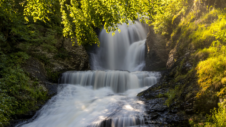 une grande cascaie entourée de rochers et d'arbres