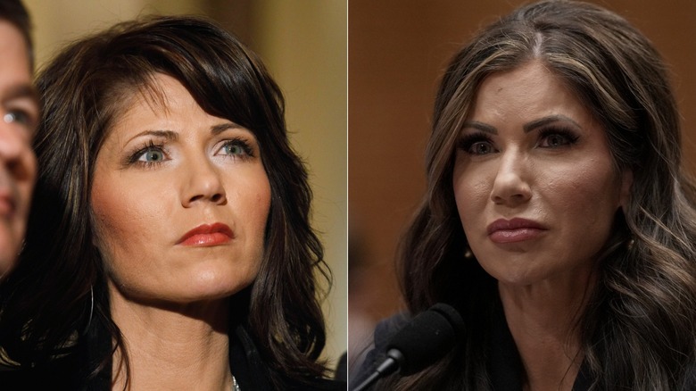 Deux images distinctes de Kristi Noem avec les deux en détournant le regard de la caméra