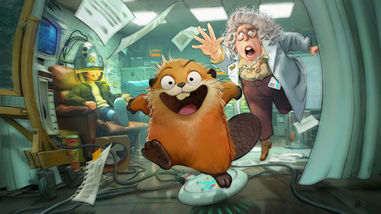 Concept officiel de l'art de Piper Curda en tant que voix de Mabel, un castor qui parlait, fuyant un humain dans des trémies