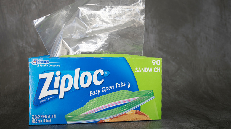 Un sac dépasse d'une boîte de sacs Ziploc sur un fond gris