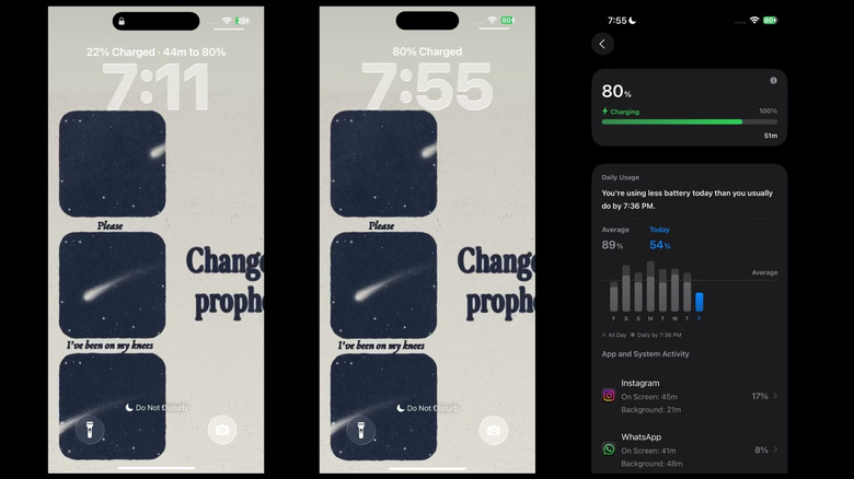 Captures d'écran montrant une nouvelle fonction d'estimation de la batterie iPhone