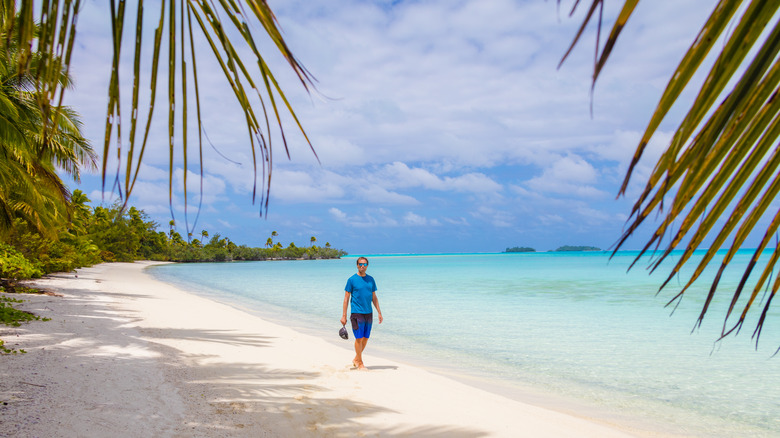 Des promenades mâles sur la belle plage de sable blanc sur les îles Cook