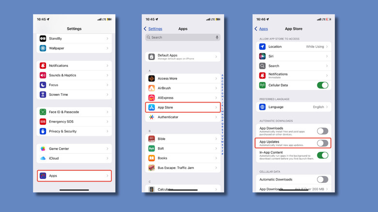 Captures d'écran des pages de paramètres d'iPhones montrant comment activer les mises à jour de l'application Auto