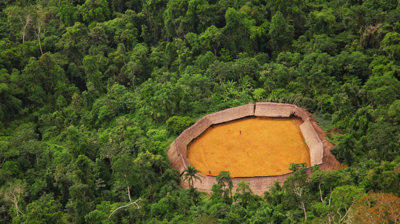 Vue aérienne d'une maison communautaire de Yanomami dans la forêt