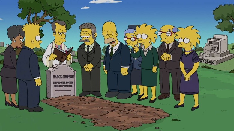 Homer pleure alors que la famille se rassemble pour les funérailles de Marge dans les Simpsons